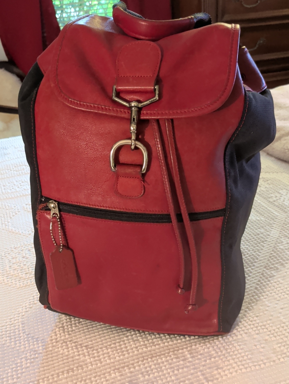 Coach Red Leather & Black Canvas Backpack - Stylish Everyday Bag